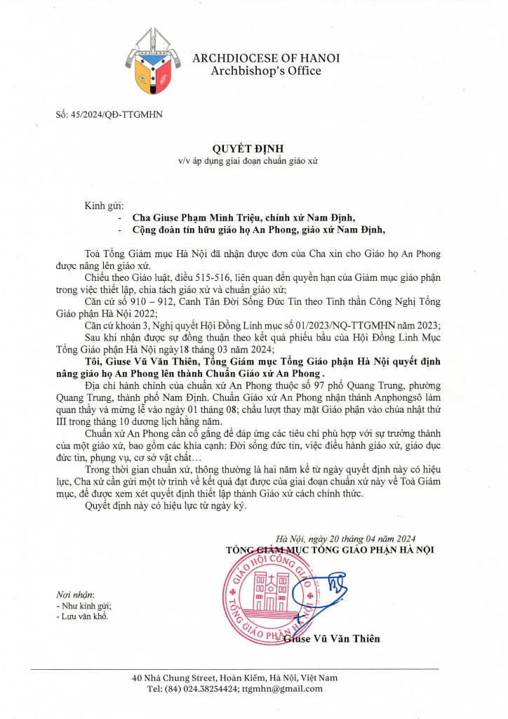 Văn bản thành lập Giáo xứ An Phong, ngày 20/4/2024